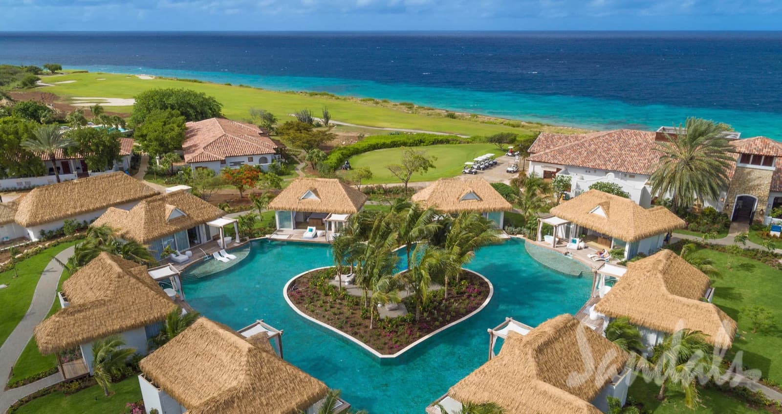 Aerial of the Kurason Island Suites around their heart-shaped pool