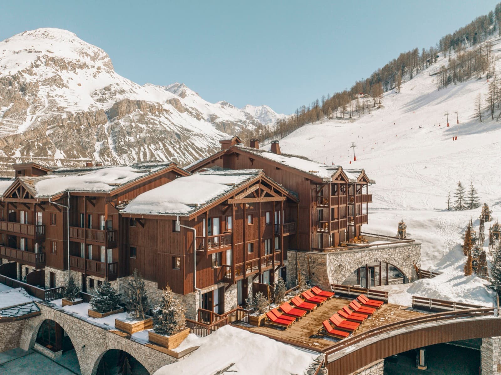 Snow-covered Club Med alpine village in the French Alps