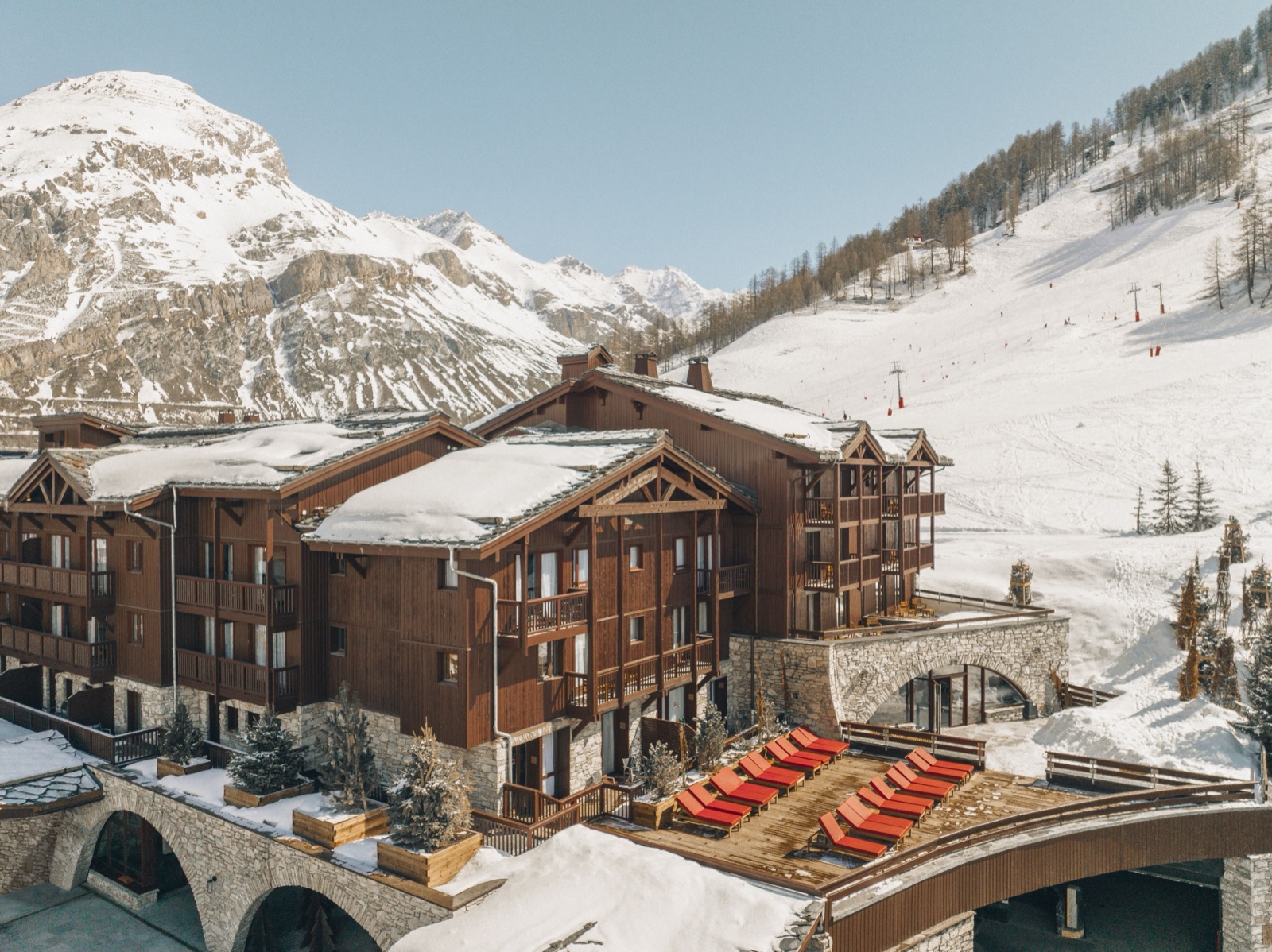 Snow-covered Club Med alpine village in the French Alps