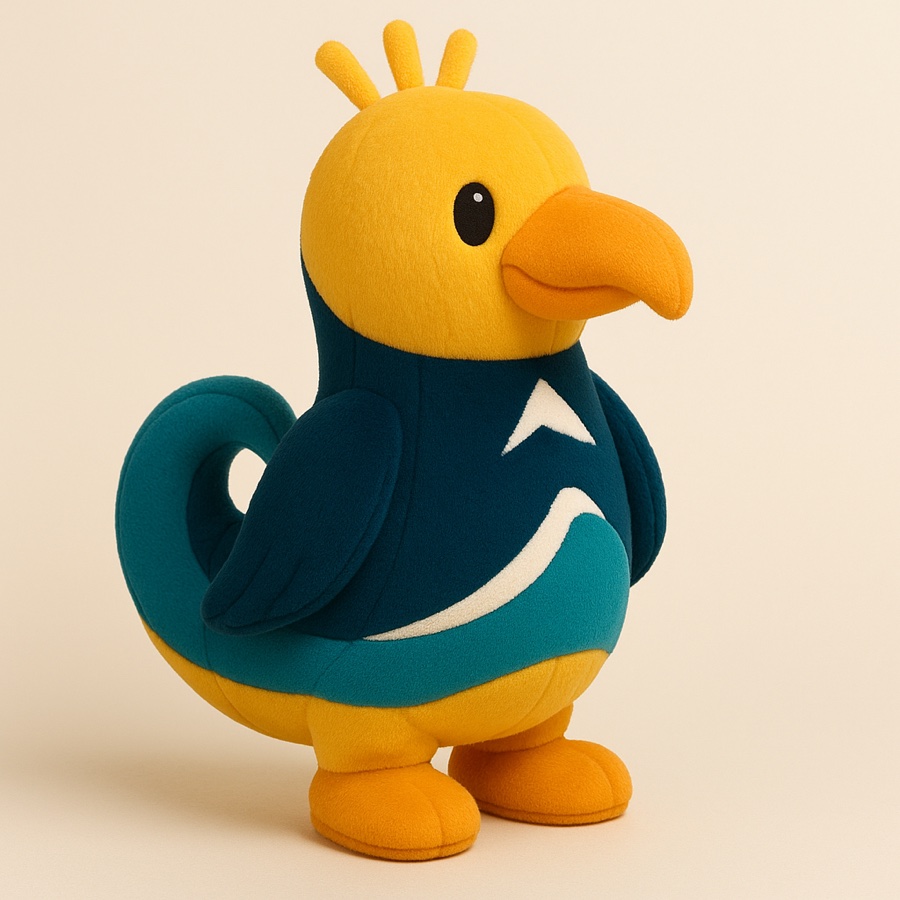 The Sandigo plush — sun-ray head, navy chest, teal wave tail