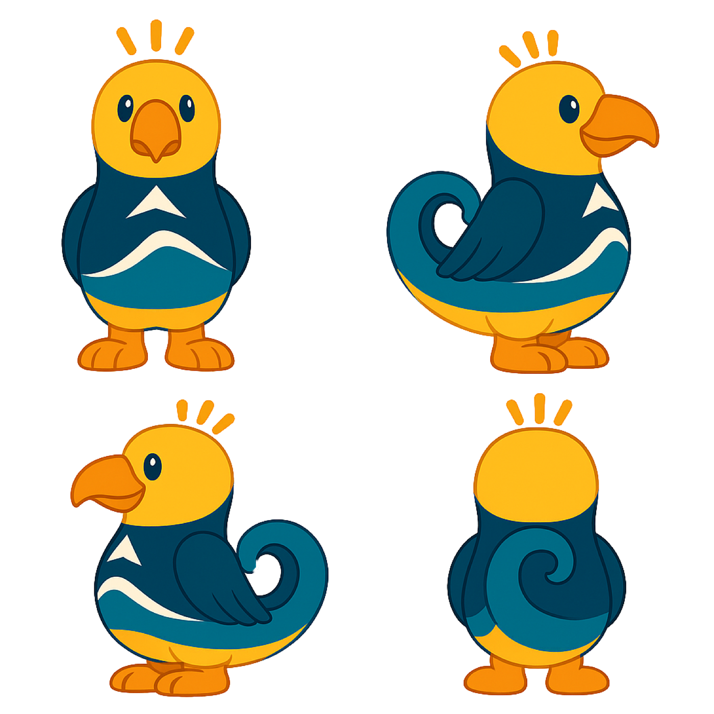 Sandigo character turnaround — front, side, and back views