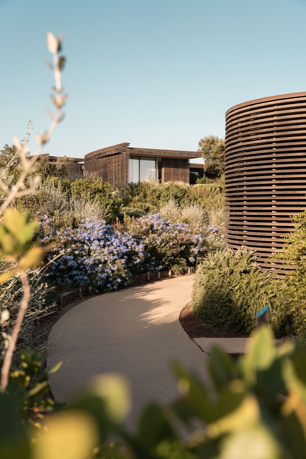 A garden path winding past plumbago blooms at Club Med Cefalù